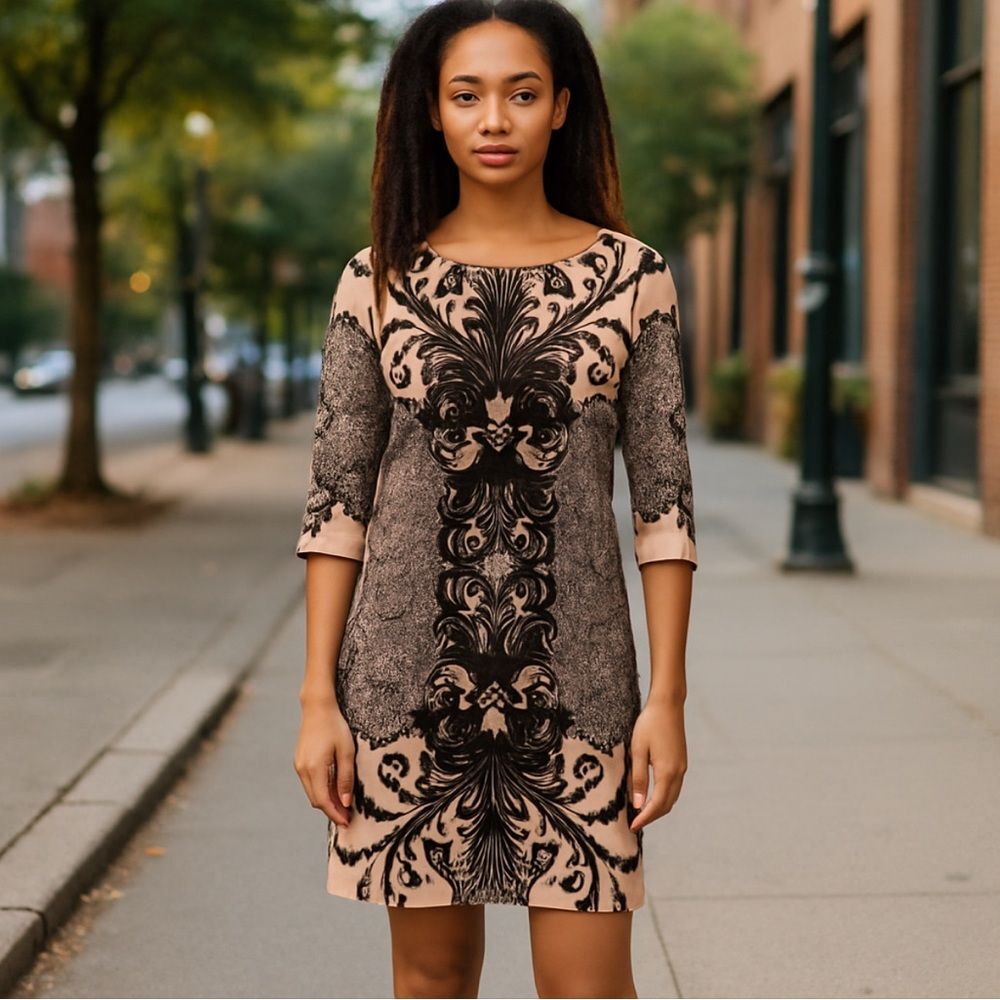ASHRO Pink & Black Baroque Print Shift Dress – Size 10 – Stretch Lined